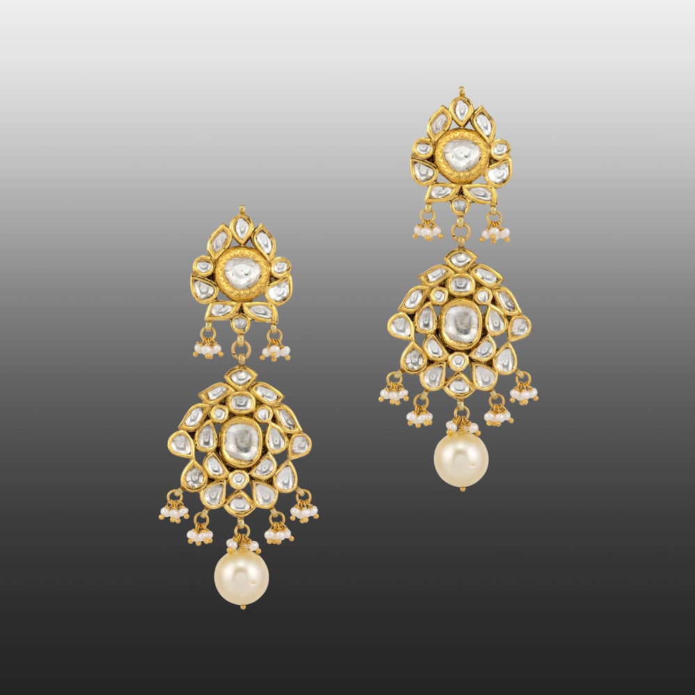 Floral Polki Earrings with Emerald Maniya and Pearl Beads